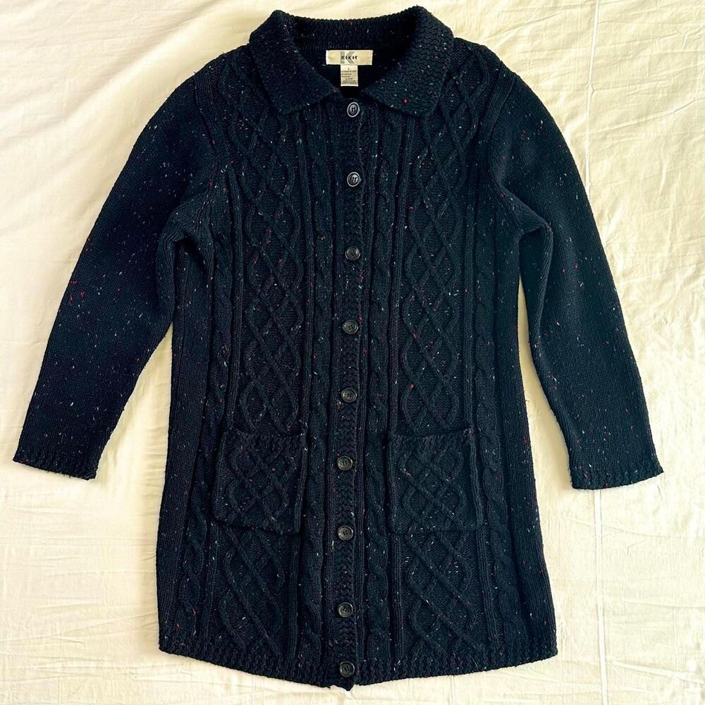Vtg 90s‎ KIKIT Black Specked Wool Blend Longline Cable Knit Sweater Coat L Twee